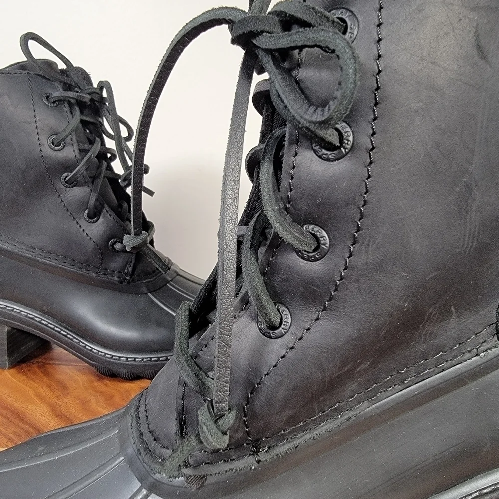 Sperry Saltwater Heel Rain Boots Women's Black Leather Lace-Up Duck Boot Size 5